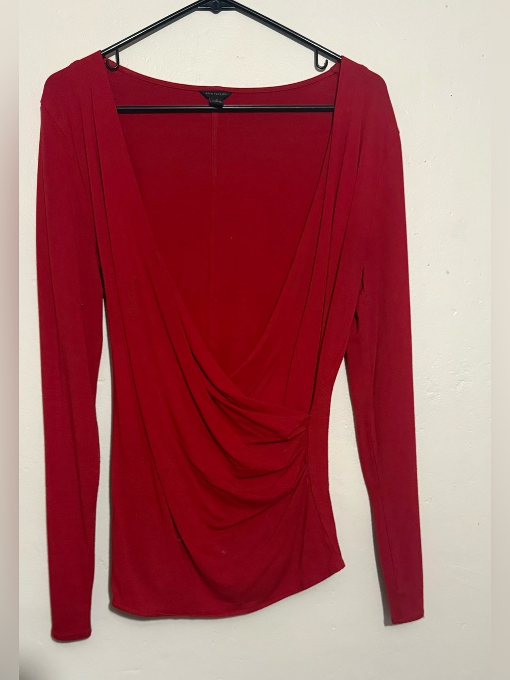 Ann Taylor Red Draped V-Neck Long Sleeve Top